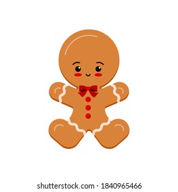 Gingerbread man christmas cookie icon isolated on white background. Cute xmas ginger bread vector flat design illustration. Cartoon style biscuit dessert with decotarion - happy holiday winter treat.