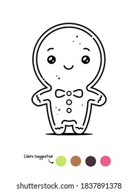 Gingerbread Man Christmas Cookie Outline Coloring Book Page template vector cartoon illustration