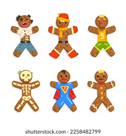 Gingerbread Man as Christmas Cookie Wearing Different Costumes Vector Set