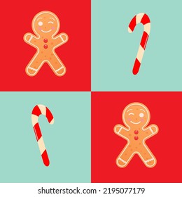 Gingerbread Man. christmas gingerbread cookies on a red-blue checkered background. Candy Snack Sweetness Dessert