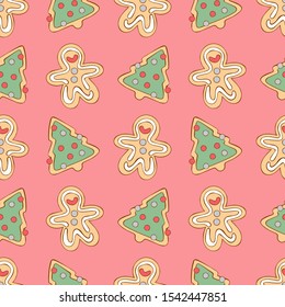 Gingerbread Man. Christmas cookies. Pink. Seamless patternless vector pattern (background). Cartoon food print.