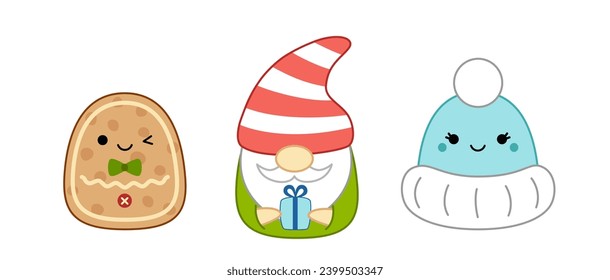 Gingerbread man, Christmas dwarf, blue hat. Squishmallow.  Pillow. Kawaii, cartoon. Isolated vector illustration eps 10