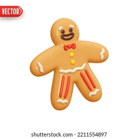 Gingerbread man. Christmas Ginger cookie. Realistic 3d design in cartoon style. Vector illustratio