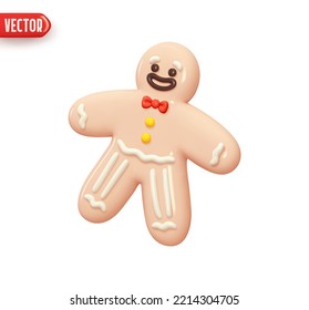 Gingerbread man. Christmas Ginger cookie. Realistic 3d design in cartoon style. Vector illustratio