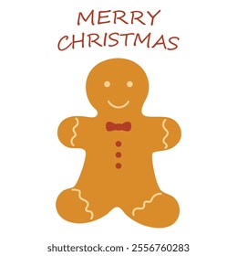 Gingerbread Man Christmas Illustration, A cheerful vector illustration of a traditional gingerbread man cookie, decorated with a red bow tie and festive icing, Perfect for holiday greeting cards