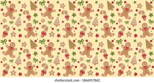Patrón navideño de pan de jengibre en fondo beige.
Año Nuevo y Navidad - color sin fisuras con galletas de Navidad dibujadas a mano.