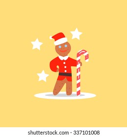 Gingerbread Man Christmas in Santa Hat, Vector Illustration