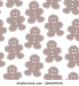 Gingerbread man Christmas seamless pattern. Repetitive vector illustration of gingerbread man cookies on transparent background. Christmas wrap ping, texture, pattern, backdrop. EPS10.