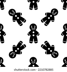 Gingerbread man Christmas seamless pattern. Repetitive vector illustration of gingerbread man cookies black on white background. Christmas wrap ping, texture, pattern, backdrop. EPS10.