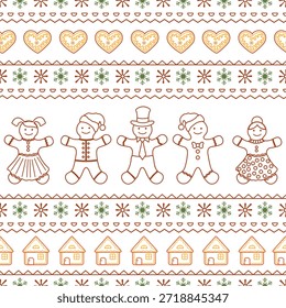 Pão de gengibre homem natal padrão sem costura com biscoitos festivos e flocos de neve, ideal para fundos