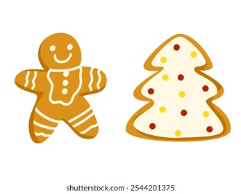 Gingerbread man and Christmas tree cute baked cookies with frosting. Vector hand drawn cartoon illustration isolated on white background. Two homemade sweets and biscuits