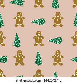 Gingerbread man and Christmas tree seamless pattern on pink background. Flat style illustration. Greeting card, poster, design element. Vector