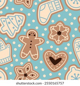 Gingerbread man, Christmas tree, snowflakes and Christmas stocking seamless pattern. Christmas or new year repeating design.