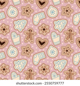 Gingerbread man, Christmas tree, snowflakes and Christmas stocking seamless wallpaper, wrapping paper design. Christmas and new year repeating pattern.