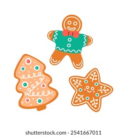Hombre de jengibre, árbol de Navidad, estrella. Galletas caseras tradicionales de Navidad. Linda ilustración de golosinas festivas decorativas. Elementos planos y doodle.