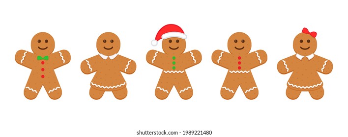 Gingerbread man. Classic Christmas cookies. Xmas biscuit isolated on white background. Vector illustration. Noel holiday sweet dessert. Cute ginger bread character in flat cartoon design.