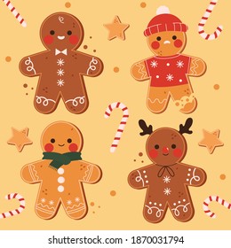 Gingerbread man collection. Christmas icon. Holiday winter symbols. Festive treats. Christmas cookies, sweets. Merry christmas and Happy New Year. Vector.