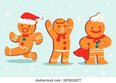 Gingerbread man collection. Christmas icon. Holiday winter symbols. Festive treats. Christmas cookies, sweets. Merry christmas and Happy New Year. Vector.