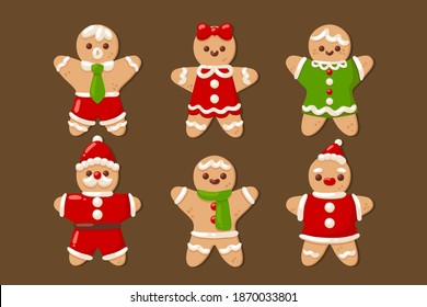 Gingerbread man collection. Christmas icon. Holiday winter symbols. Festive treats. Christmas cookies, sweets. Merry christmas and Happy New Year. Vector.