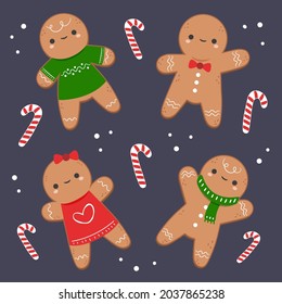 Gingerbread man collection. Christmas icon. Holiday winter symbols. Festive treats. New year cookies, sweets. Vector illustration.