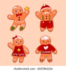 Gingerbread man collection. Christmas icon. Holiday winter symbols. Festive treats. New year cookies, sweets. Vector illustration.