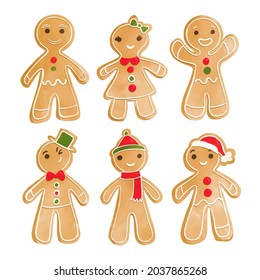 Gingerbread man collection. Christmas icon. Holiday winter symbols. Festive treats. New year cookies, sweets. Vector illustration.