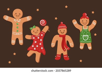 Gingerbread man collection. Christmas icon. Holiday winter symbols. Festive treats. New year cookies, sweets. Vector illustration.