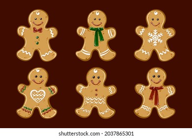 Colección de hombres de pan de jengibre. icono de Navidad. Símbolos de invierno festivo. Trato festivo. Galletas de Año Nuevo, dulces. Ilustración vectorial.