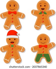 Gingerbread man collection. Christmas icon. Holiday winter symbols. Festive treats. New year cookies, sweets. Vector illustration.