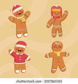 Gingerbread man collection. Christmas icon. Holiday winter symbols. Festive treats. New year cookies, sweets. Vector illustration.