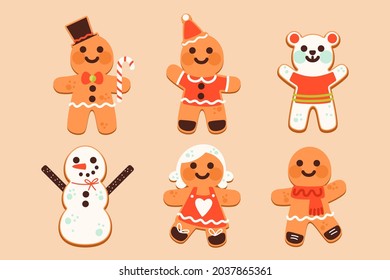 Gingerbread man collection. Christmas icon. Holiday winter symbols. Festive treats. New year cookies, sweets. Vector illustration.