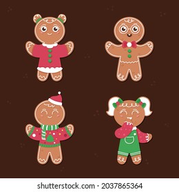 Gingerbread man collection. Christmas icon. Holiday winter symbols. Festive treats. New year cookies, sweets. Vector illustration.