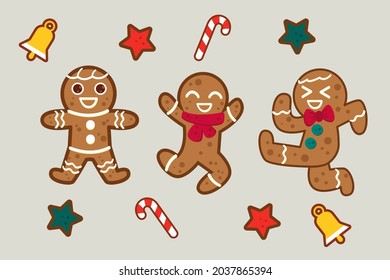 Gingerbread man collection. Christmas icon. Holiday winter symbols. Festive treats. New year cookies, sweets. Vector illustration.