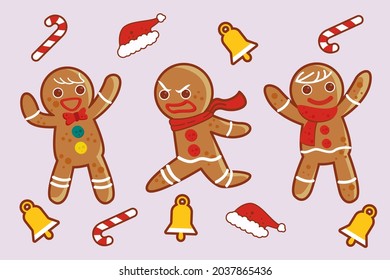 Gingerbread man collection. Christmas icon. Holiday winter symbols. Festive treats. New year cookies, sweets. Vector illustration.