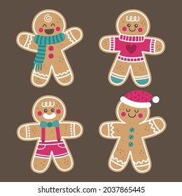 Gingerbread man collection. Christmas icon. Holiday winter symbols. Festive treats. New year cookies, sweets. Vector illustration.