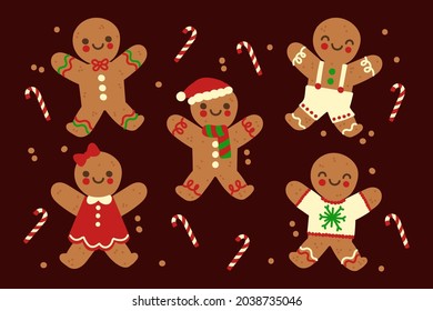 Gingerbread Man Collection. Christmas Icon. Holiday Winter Symbols. Festive Treats. New Year Cookies, Sweets. Vector Illustration.