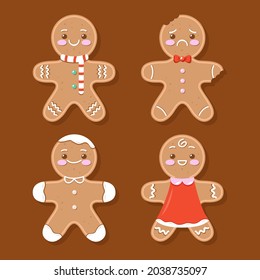 Gingerbread man collection. Christmas icon. Holiday winter symbols. Festive treats. New year cookies, sweets. Vector illustration.