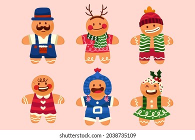 Gingerbread man collection. Christmas icon. Holiday winter symbols. Festive treats. New year cookies, sweets. Vector illustration.