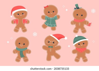 Colección de hombres de pan de jengibre. icono de Navidad. Símbolos de invierno festivo. Trato festivo. Galletas de Año Nuevo, dulces. Ilustración vectorial.