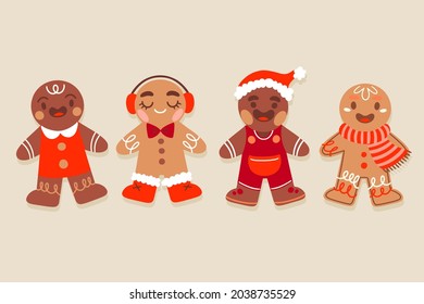 Gingerbread man collection. Christmas icon. Holiday winter symbols. Festive treats. New year cookies, sweets. Vector illustration.