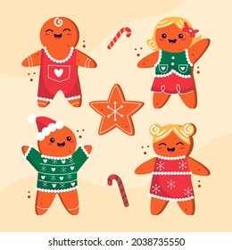 Gingerbread man collection. Christmas icon. Holiday winter symbols. Festive treats. New year cookies, sweets. Vector illustration.