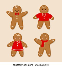 Gingerbread man collection. Christmas icon. Holiday winter symbols. Festive treats. New year cookies, sweets. Vector illustration.