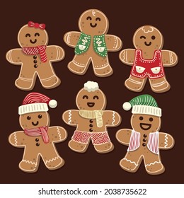 Gingerbread man collection. Christmas icon. Holiday winter symbols. Festive treats. New year cookies, sweets. Vector illustration.