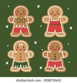 Gingerbread man collection. Christmas icon. Holiday winter symbols. Festive treats. New year cookies, sweets. Vector illustration.