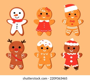 Gingerbread man collection. Christmas icon. Holiday winter symbols. Festive treats. New year cookies, sweets. Vector illustration.