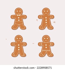 Gingerbread man collection. Christmas icon. Holiday winter symbols. Festive treats. New year cookies, sweets. Vector illustration.