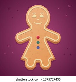 Gingerbread Man. Colored vector illustration. Isolated pink background. Girl in a dress. Festive figured dessert. Ginger cookies. Happy new year and merry christmas. Snowflake ornament. 