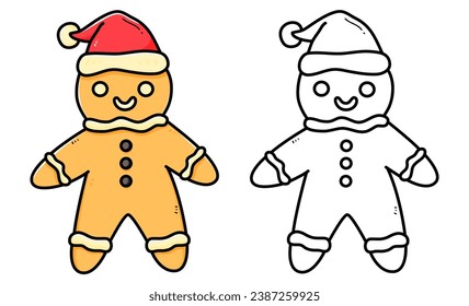 Gingerbread man coloring book with coloring example for kids. Coloring page with gingerbread man. Monochrome and color version. Vector children's illustration