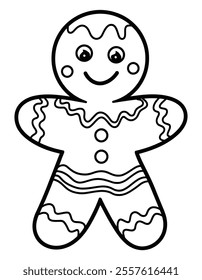 Gingerbread Man Coloring Page. Hand drawn black and white isolated holiday baking. Coloring page art therapy, line art Christmas sweet. Vector illustration