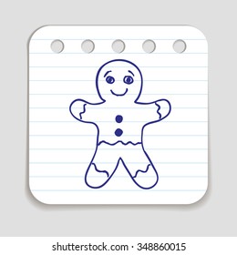 Gingerbread man cookie. Blue pen hand drawn infographic symbol on a notepaper piece. Line art style graphic design element. New Year day eve christmas winter holiday food silvester concept